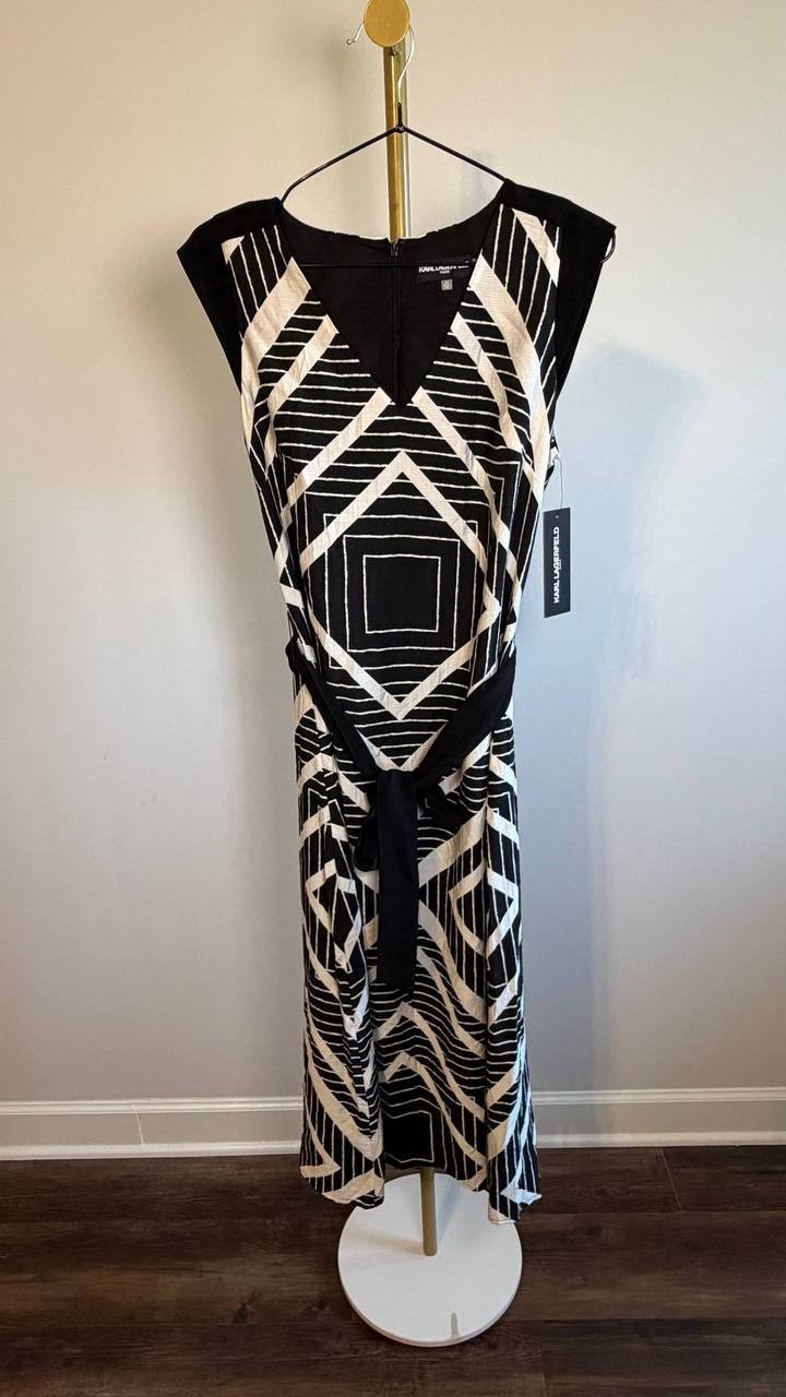 Karl Lagerfeld Paris Geo‑Print Belted V‑Neck Midi Dress Black/White XS NWT $159