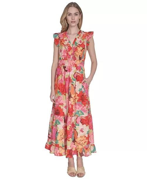 Vince Camuto Floral‑Print Ruffled‑Shoulder Midi Dress Multi 2 NWT $158