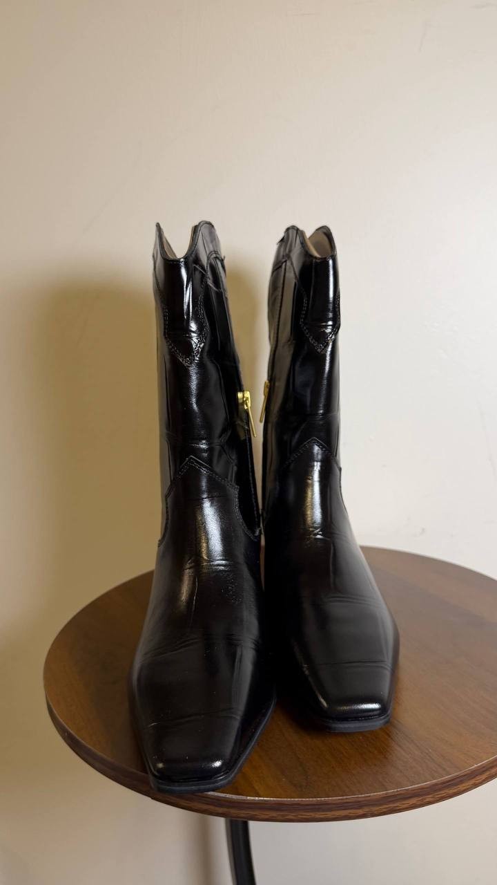Vince Camuto Prilie Square‑Toe Western Leather Boots Black 7.5M NWB $169
