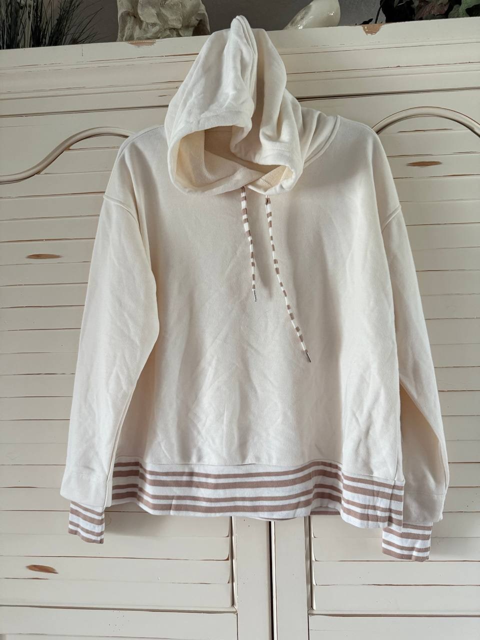 Three Dots Striped Trim Hoodie, Women's Pullover, Cotton Blend, M NWT