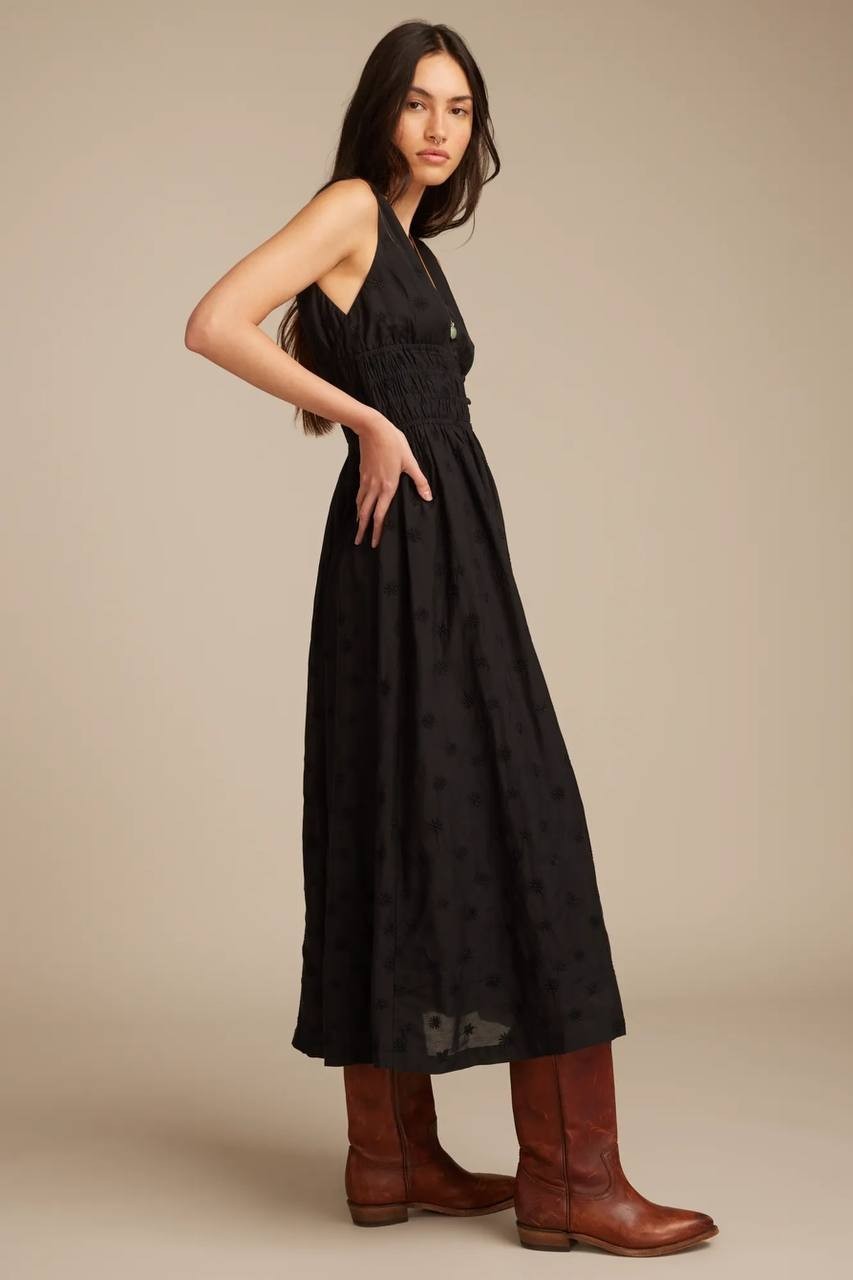 Lucky Brand Dress M Black V-Neck Smocked Waist Midi Flutter Sleeve MSRP $149