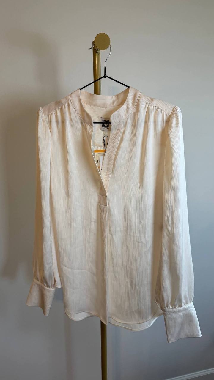 Anne Klein Women’s Pleat Front Blouse White Split Neck Long Sleeve Size S NWT