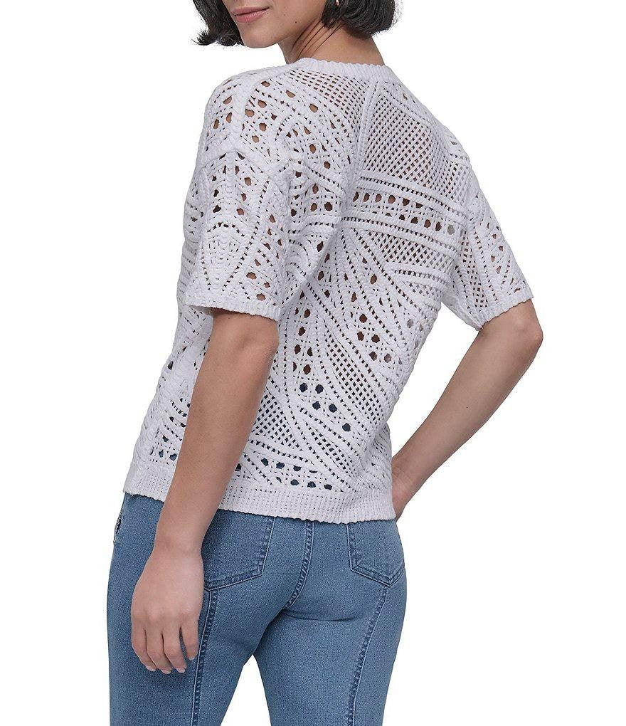 DKNY White Cotton Crochet Short Sleeve Top – Size L – NWT