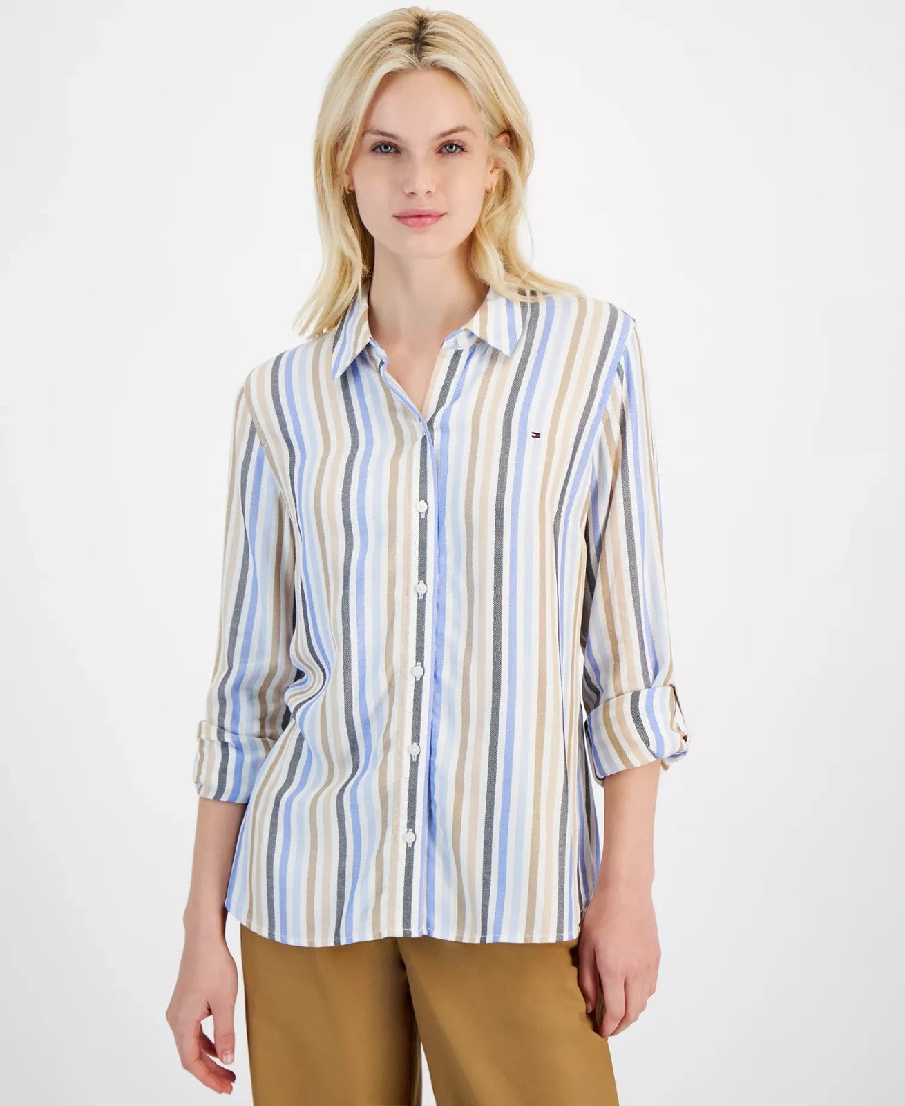Tommy Hilfiger Stern Striped Roll-Tab Shirt Size 0X NWT $79 - Classic & Versatil