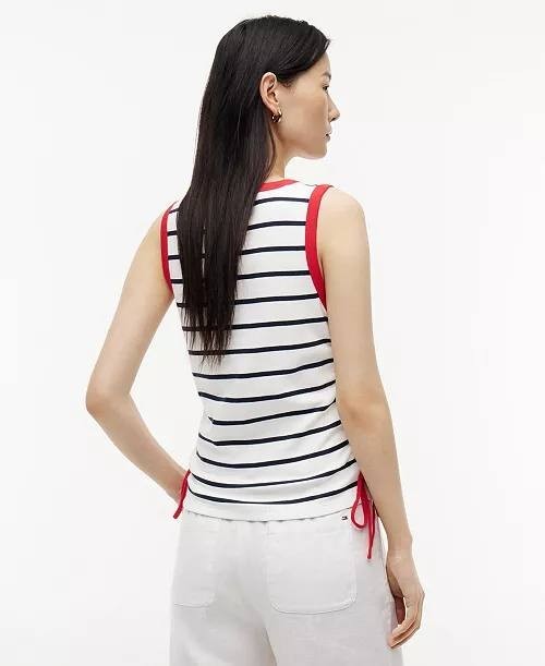 Tommy Hilfiger Tie‑Detail Sleeveless Cotton Top White/Red/Black XL NWT $39.50