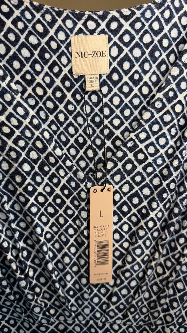 Nic + Zoe Ella Coastal Geo Print Fit & Flare Midi Dress Blue Multi L NWT