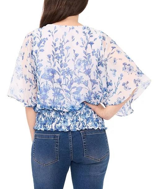 Sam &amp; Jess Petite Floral Top Smocked-Waist, 3/4 Sleeve Round Neck XS NWT