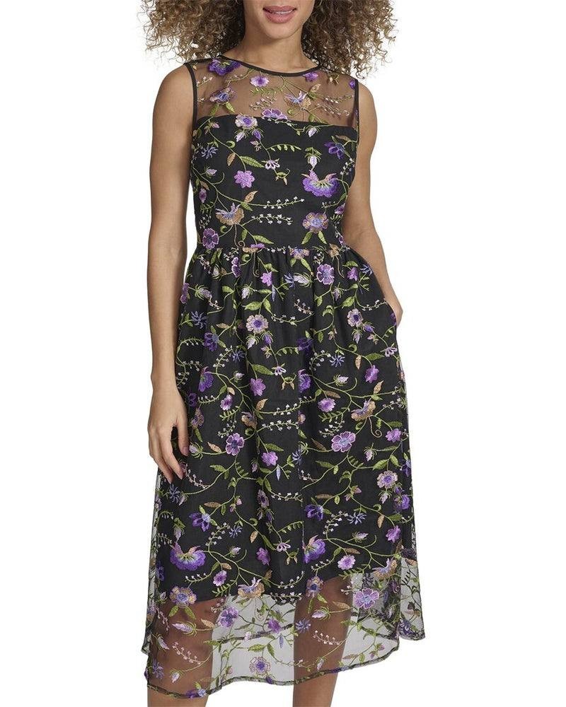 Kensie Embroidered Mesh Midi Dress Black Multi Size 8 MSRP$138 – Elegant Cocktai
