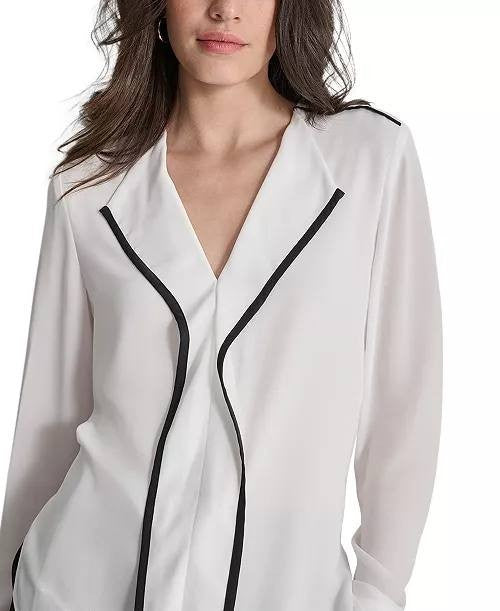 DKNY Contrast Trim Long Sleeve Blouse White Petite SizePS NWOT $69 Needs Washing