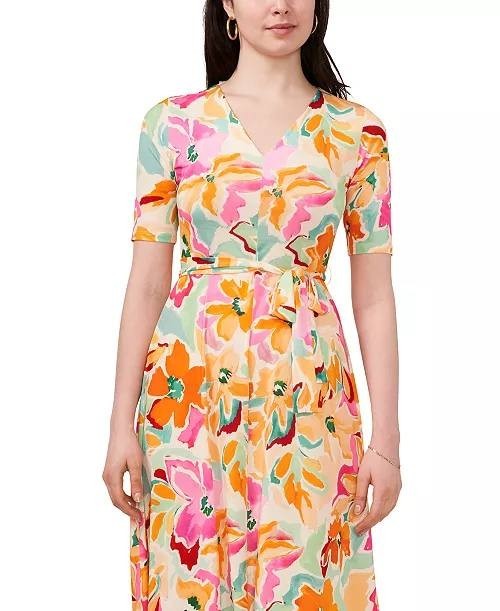 MSK Floral Print Tie Waist V‑Neck Midi Dress Multicolor XL $69 NWTMSK Floral