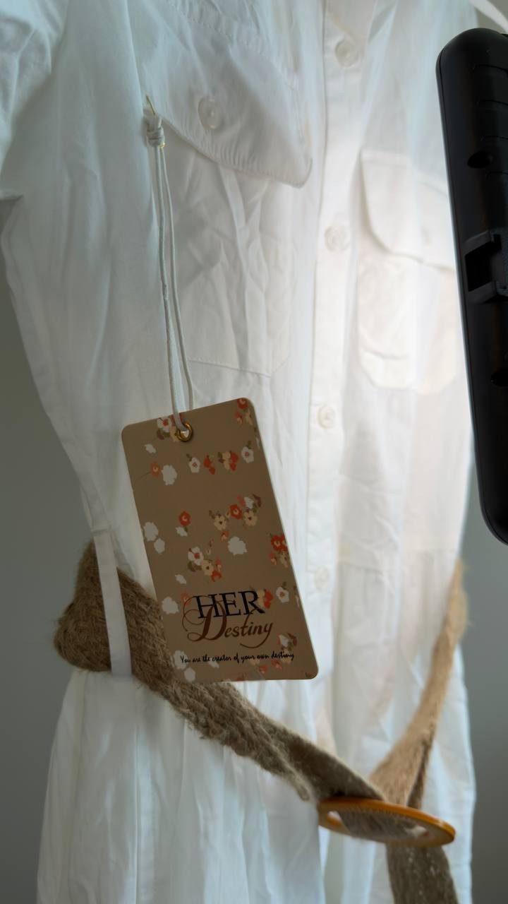 Her Destiny White Button-Front Tiered Dress Belted M NWT $118