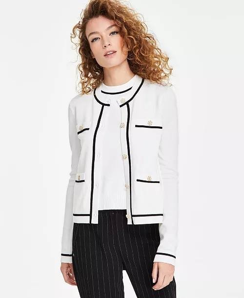 Karl Lagerfeld Paris Women’s Four‑Pocket Crewneck Cardigan Soft White M NWT $128