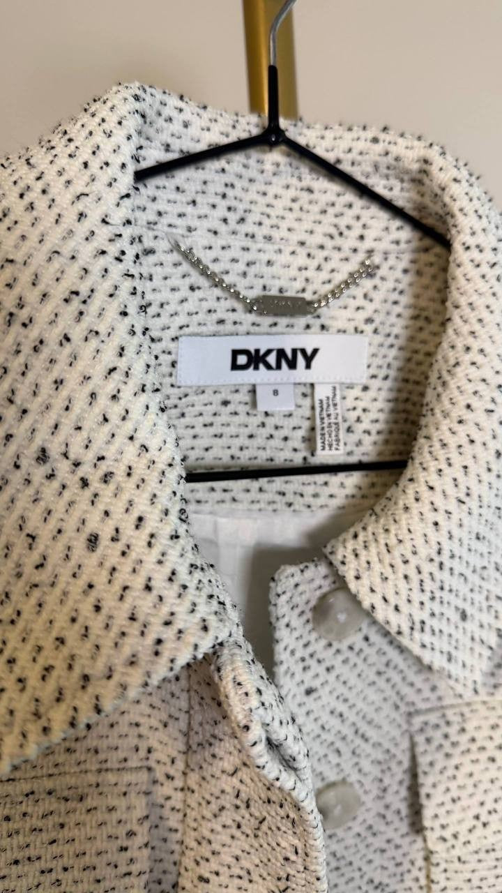DKNY Petite Cropped Tweed Trucker Jacket Long Sleeve White Black 8P $159 NWT