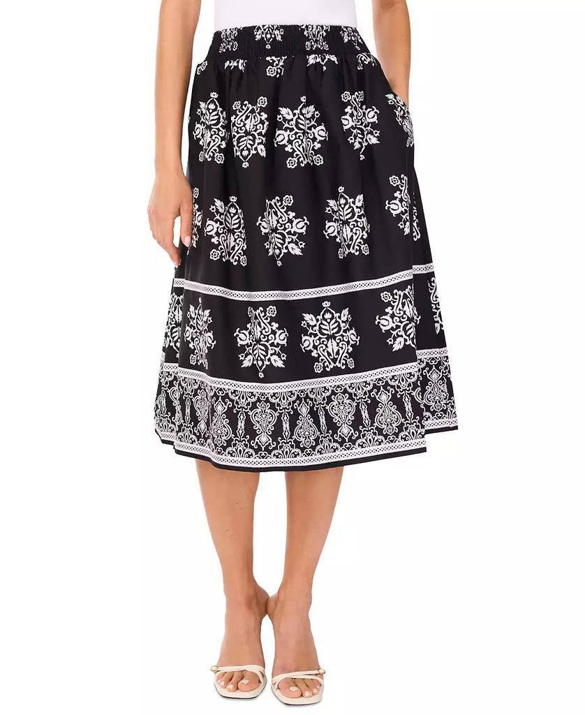CeCe Smocked‑Waist Midi Skirt Black White Floral XL NWOT  msrp$79