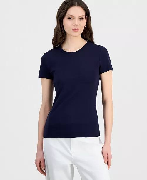 Nautica Scallop‑Trim Cotton Short‑Sleeve T‑Shirt Navy L NWT $39.50