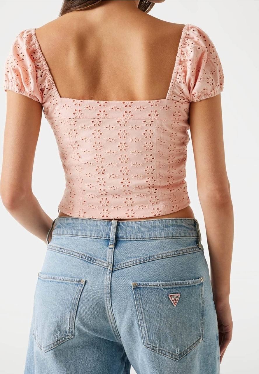 Guess Eco Embroidered Sheer Lace‑Up V‑Neck Blouse Peach Cream Multi S NWT $69