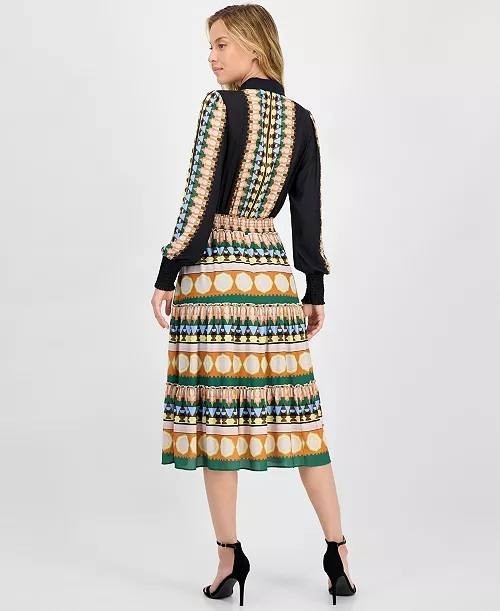 Tahari Dress  Multicolor Smocked Waist Printed Midi Half-Placket Size L NWT $148