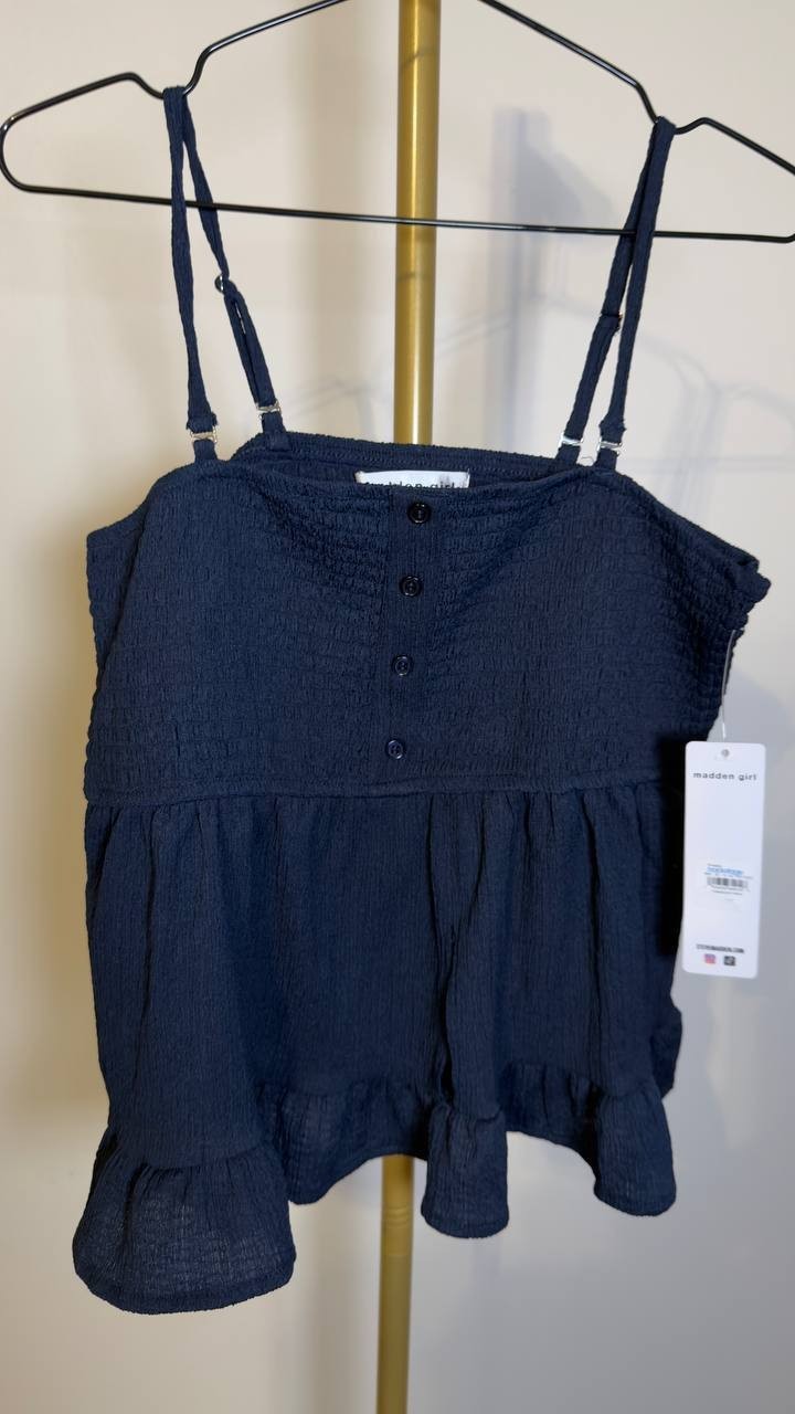 Madden Girl Smocked Ruffle Hem Sleeveless Top Navy L NWT $59