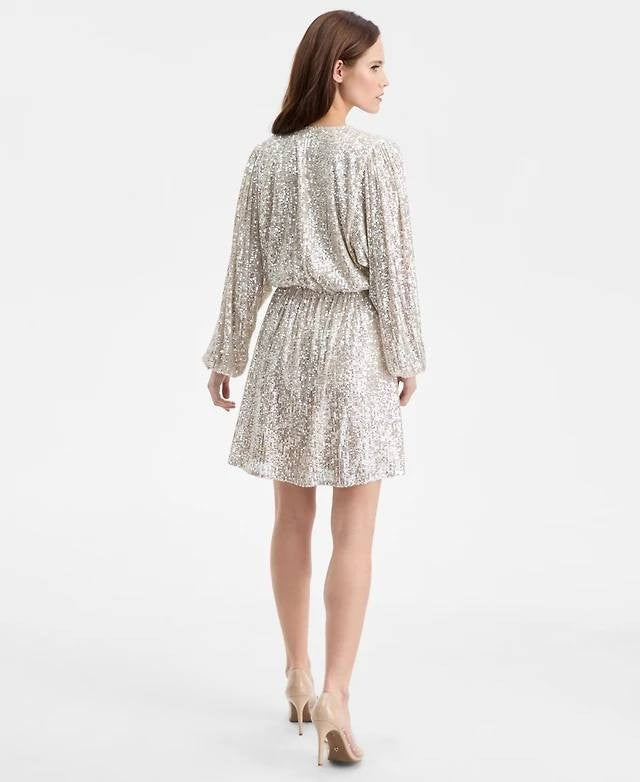 BOSS Orange Sequin Blouson-Sleeve Dress Open Beige 14 NWT $179