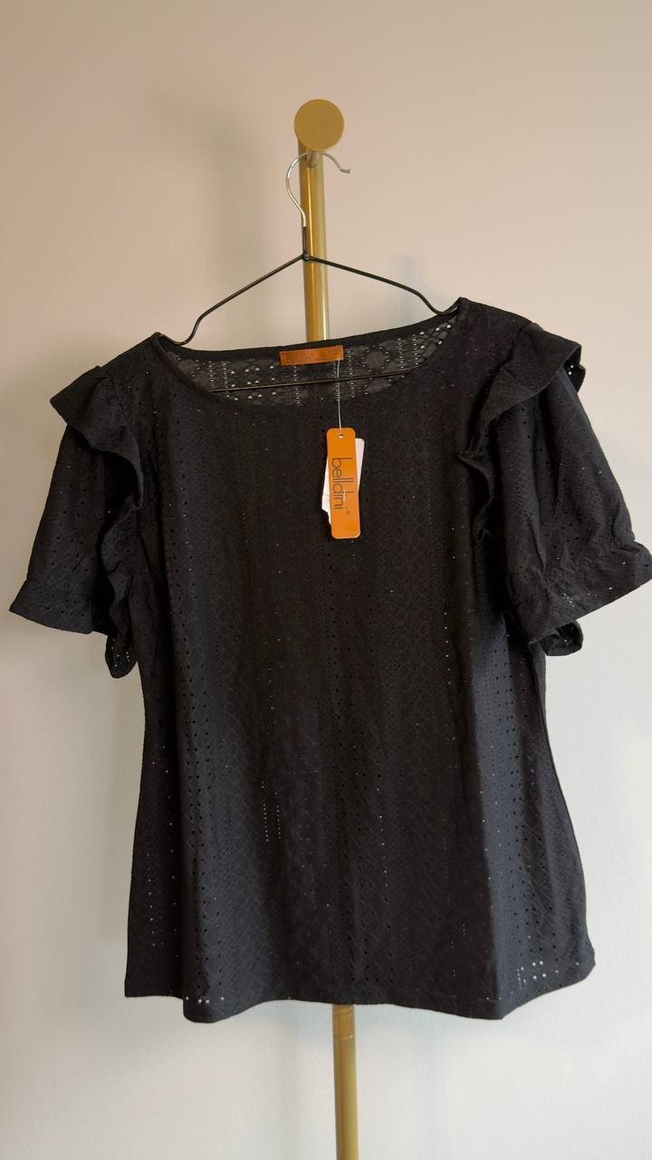 Belldini Knit Eyelet Ruffle Sleeve Top Black L NWT $49