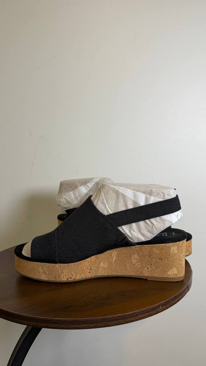 Toms Wedge Sandals 8.5 Black Textile Espadrille New in Box