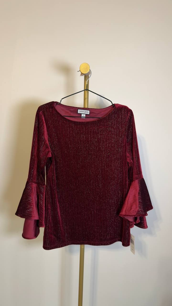 Sam & Jess Women’s Velvet Crewneck Bell 3/4‑Sleeve Blouse Maroon S NWT $59