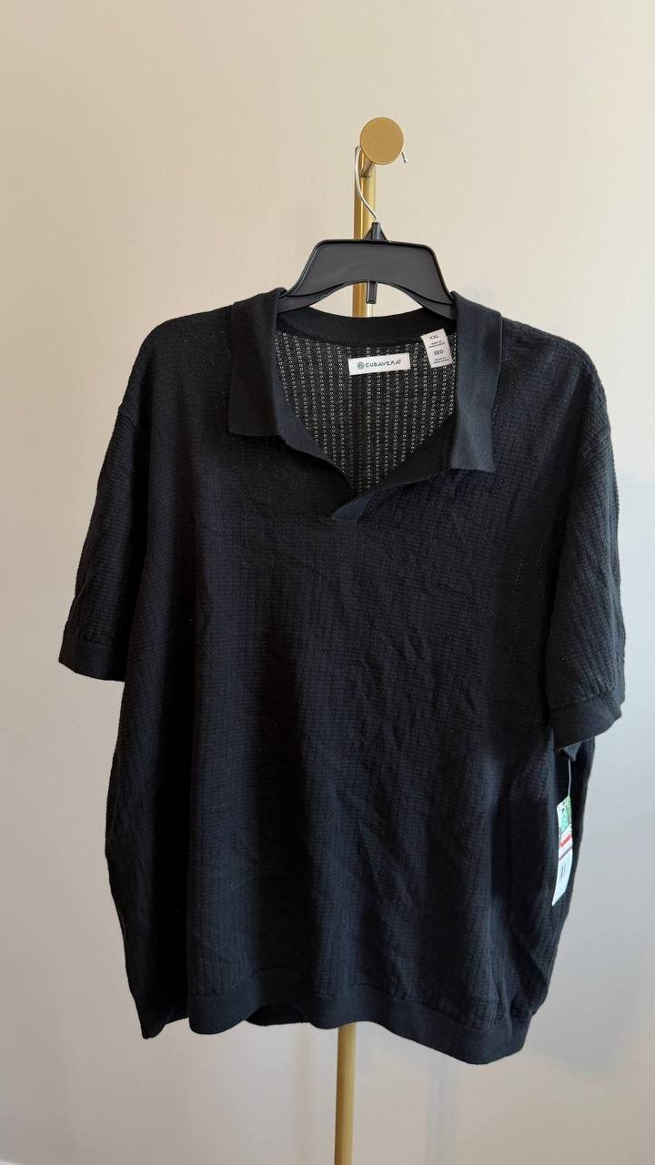 Cubavera Men’s Textured Knit Johnny Collar Polo Shirt Black XXL/EEG NWT $80