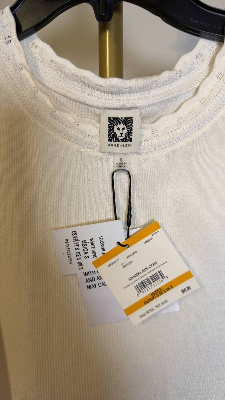 Anne Klein Scallop Trim Sleeveless Sweater White Dove S NWT $69