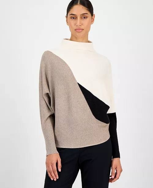 T Tahari Women’s Funnel‑Neck Dolman‑Sleeve Sweater Taupe Heather M NWT $78