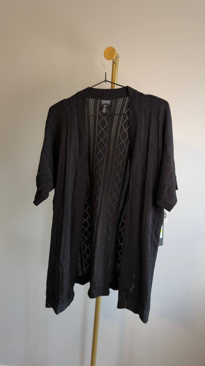 Jones New York Petite Open Stitch Short‑Sleeve Cardigan Black PM NWT $89.50