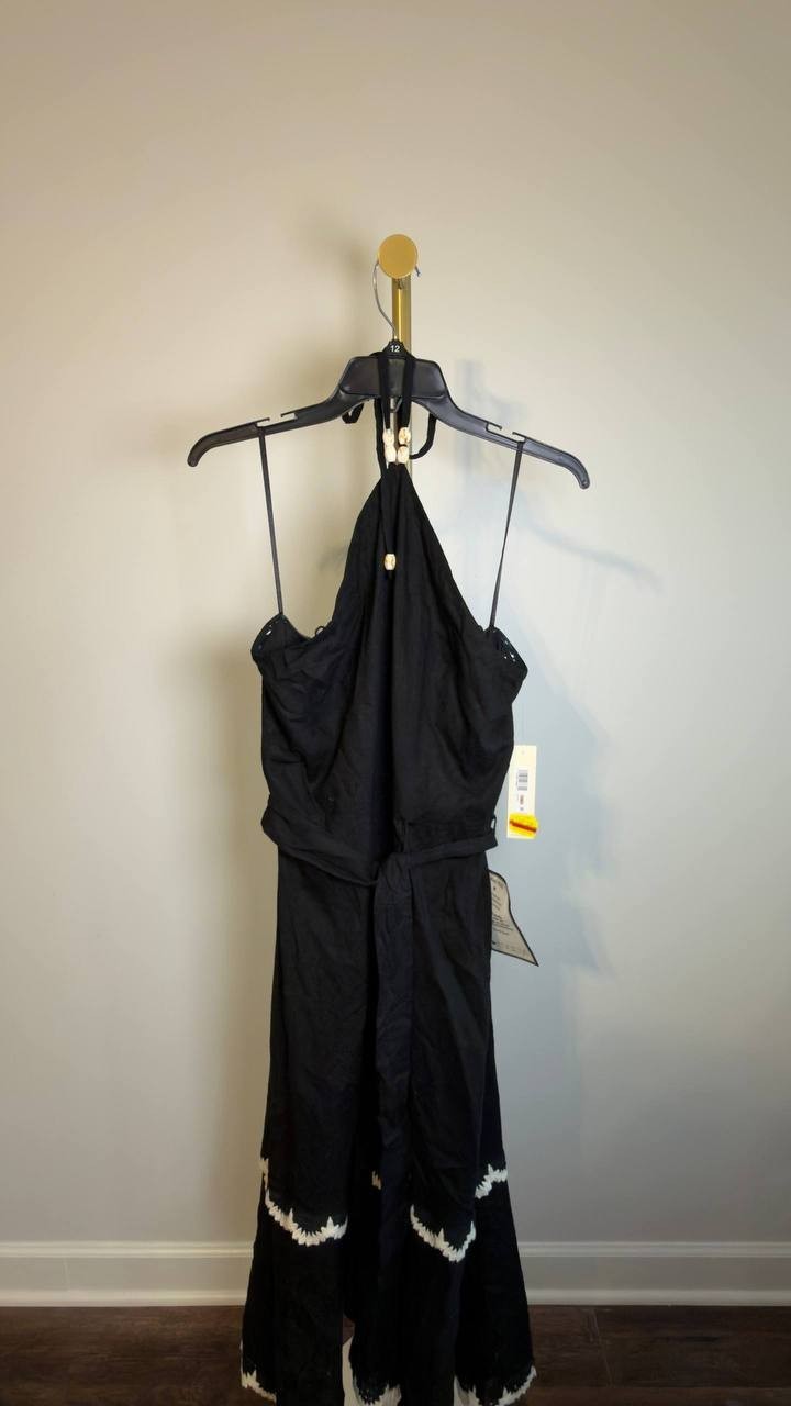 Eliza J Beaded‑Strap Contrast‑Trim Halter Midi Dress Black 12 NWT $168