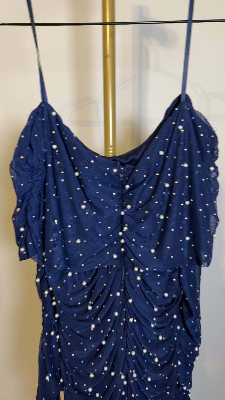 B Darlin Plus Off‑Shoulder Pearl Gown Navy 16W NWT $119