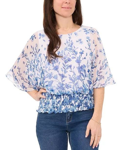 Sam &amp; Jess Petite Floral Top Smocked-Waist, 3/4 Sleeve Round Neck XS NWT