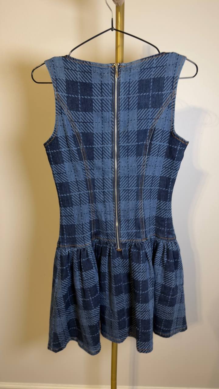 Avec Les Filles Plaid Drop Waist Denim Dress Blue Multi L NWT $108