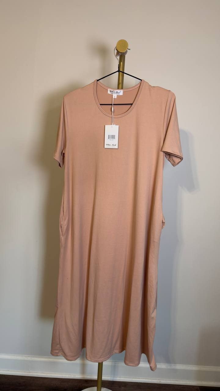 White Mark Crew Neck Short-Sleeve T-Shirt Midi Dress Rose Gold L NWT $80