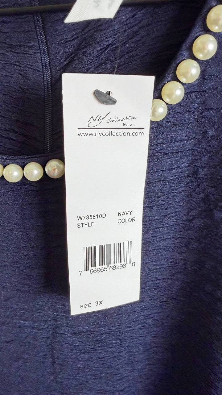 NY Collection Women’s Pearl Detail 3/4 Sleeve Dress Navy 3X Petite $65 NWT