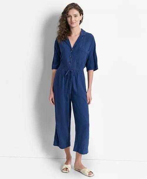 DKNY Indigo Linen‑Blend Cropped Pull‑On Pants – Size M – NWT – $89