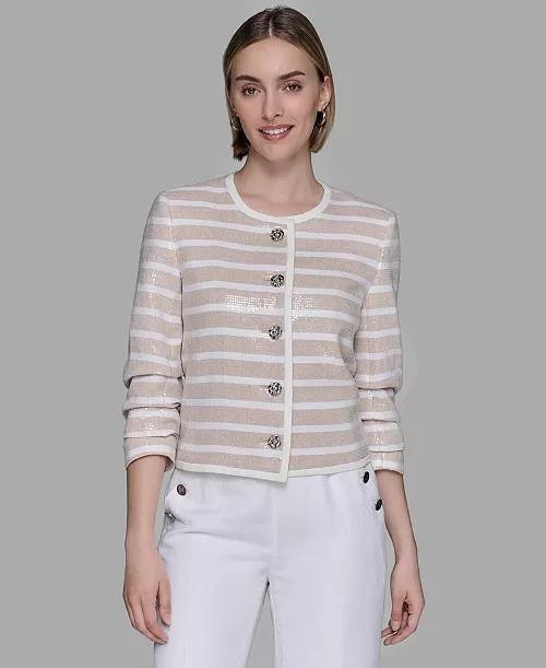 Karl Lagerfeld Paris Sequinned Striped Jacket Beige S NWOT $229