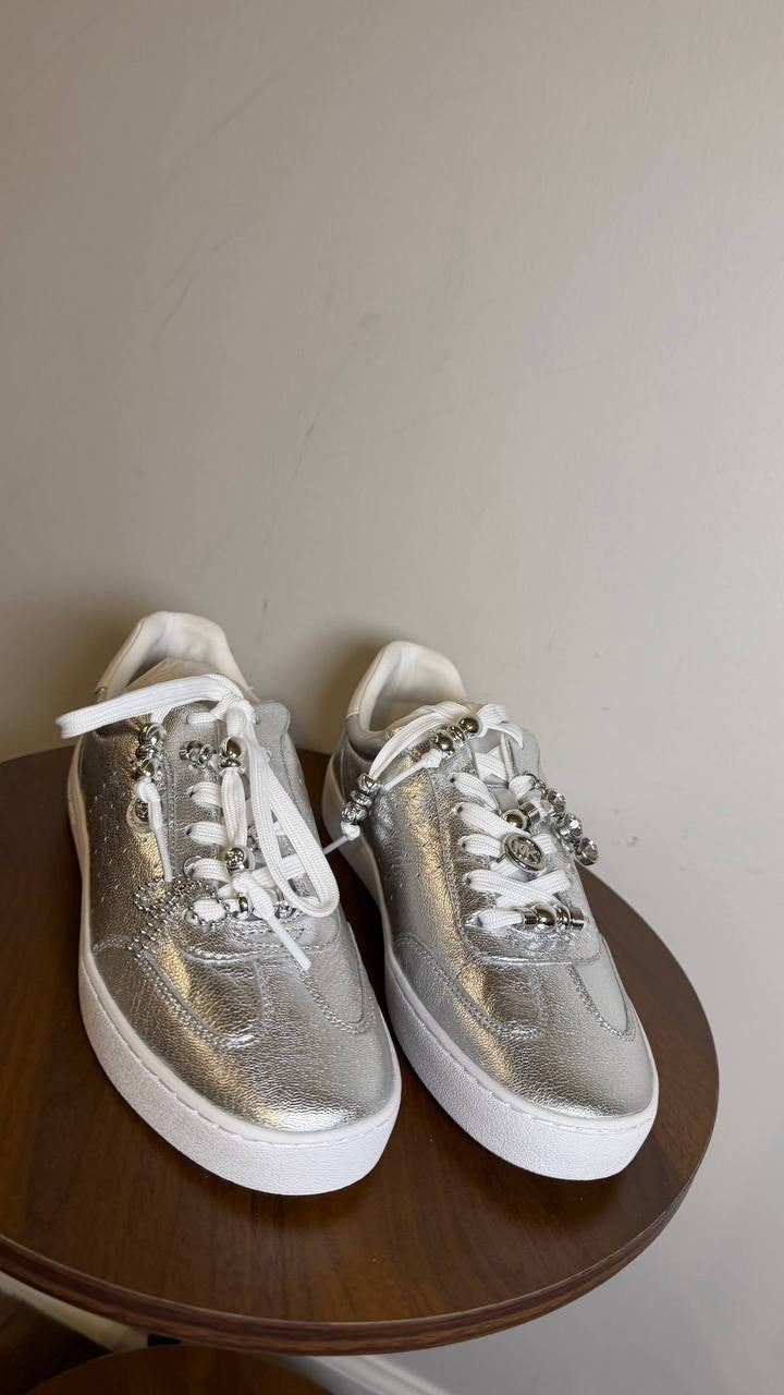 Michael Kors Scotty Lace Up Leather Sneakers Silver 8 Charms NWB MSRP $125