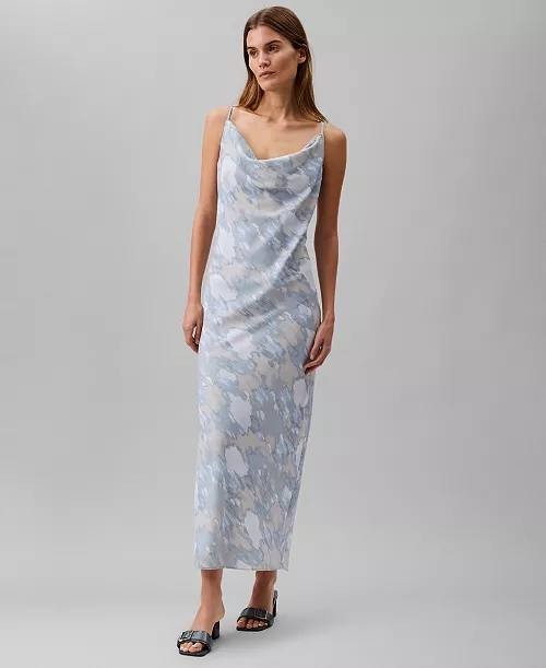 Calvin Klein Printed Cowl‑Neck Slip Dress Multi L/G NWT $149