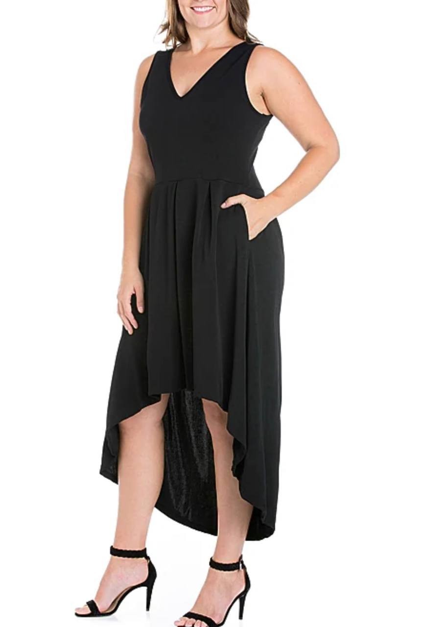 24seven Comfort Apparel Plus Midi V‑Neck Sleeveless A‑Line Dress Black 1X NWT