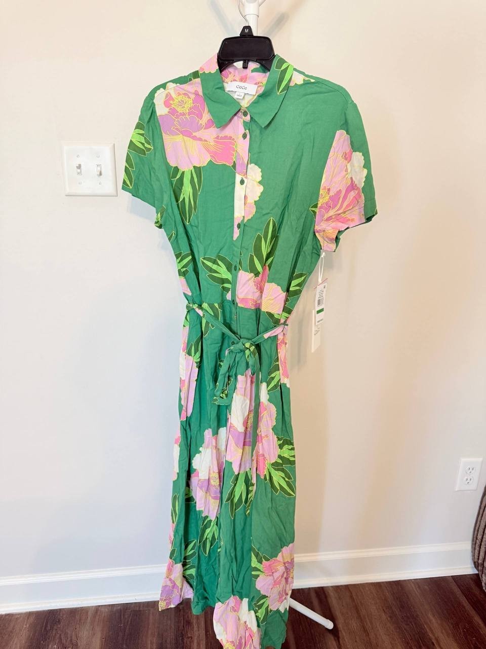 CeCe Floral Print Button‑Front Midi Shirtdress – Size L – NWT – $99