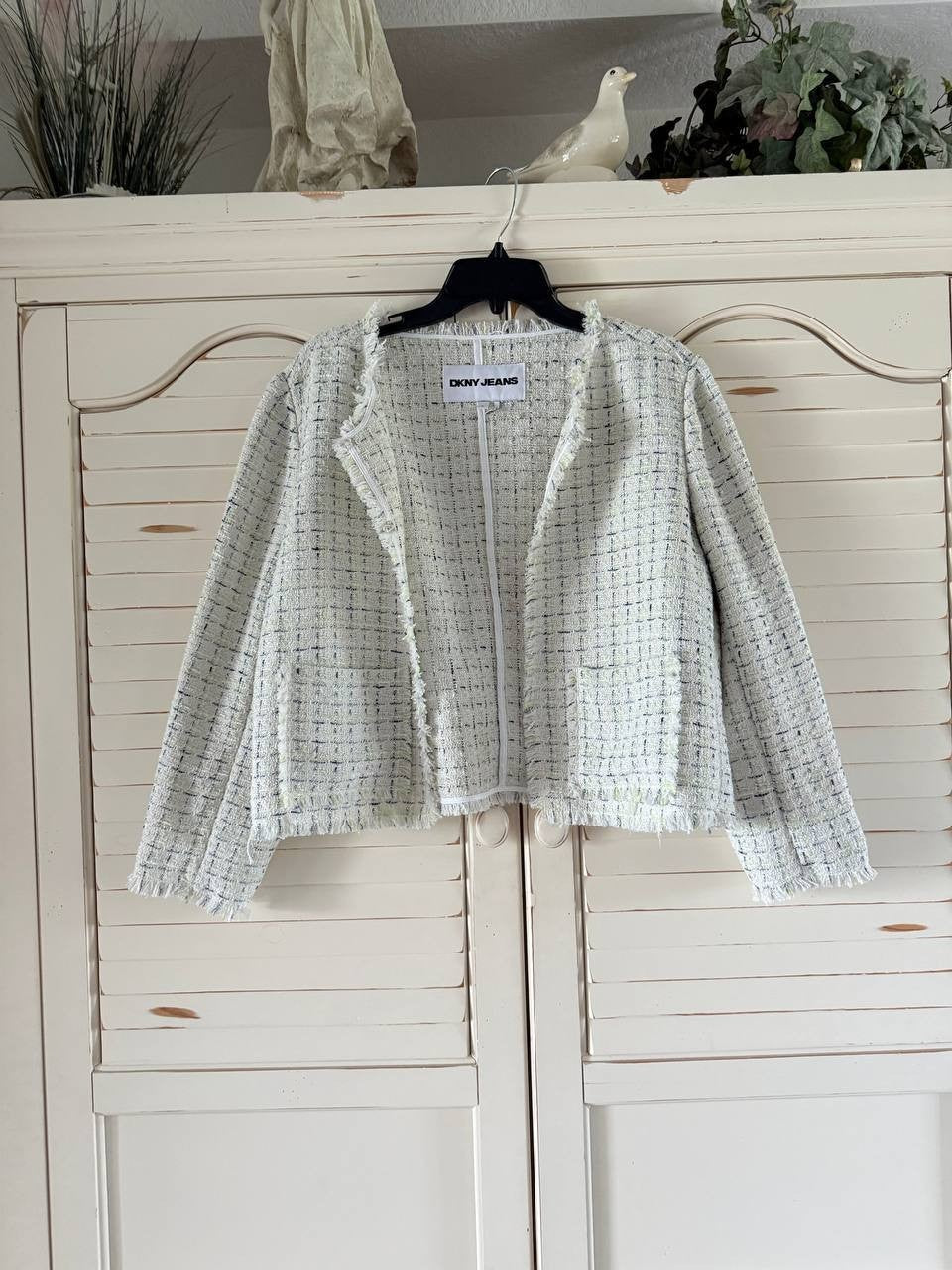 DKNY Jeans Frayed Cropped Jacket Ivory Tweed Open Front Size XL - Women