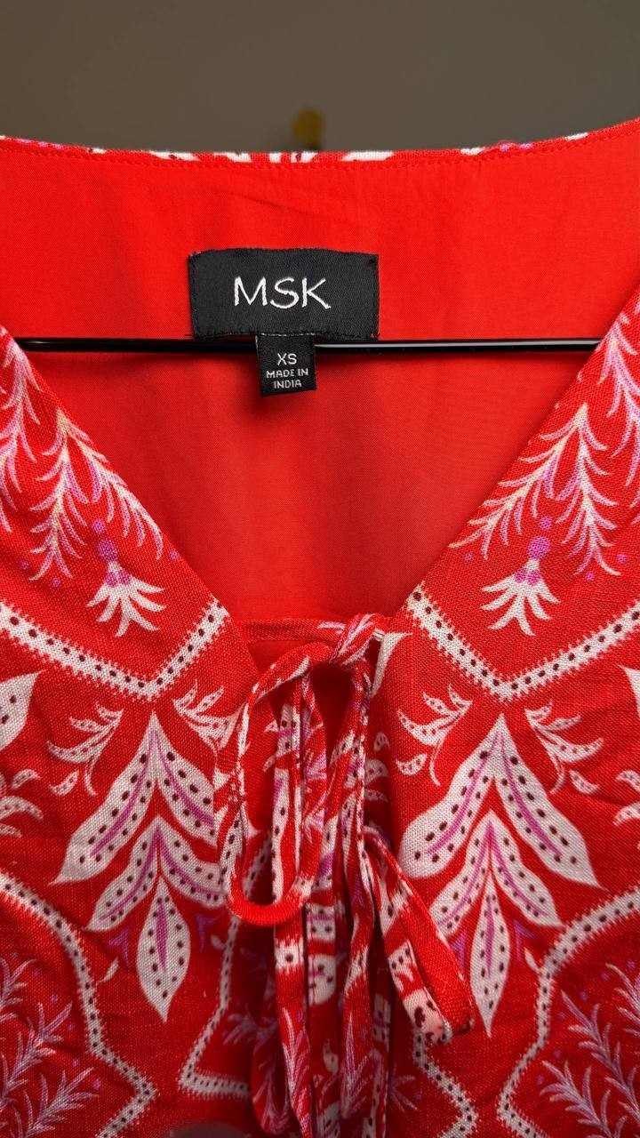 MSK Printed Tie‑Neck Short‑Sleeve Fit & Flare Dress Red XS NWT $89