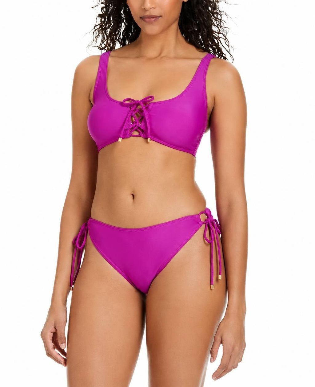 Bar III Unraveled Lace-Up Bikini Top Fuchsia S NWT $44