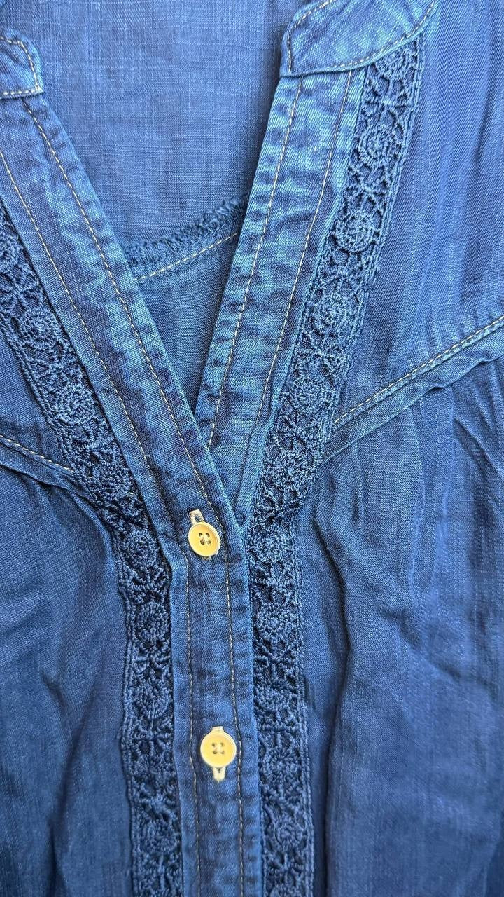 Democracy Crochet Trim Ruffle Button‑Front Shirt Navy M NWT $84