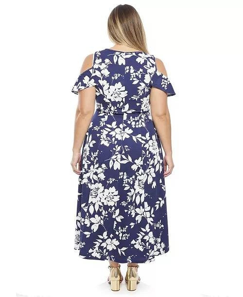 24Seven Comfort Apparel Cold Shoulder Maxi Dress Blue Multi XL NWT $117