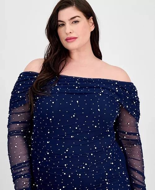 B Darlin Plus Off‑Shoulder Pearl Gown Navy 16W NWT $119