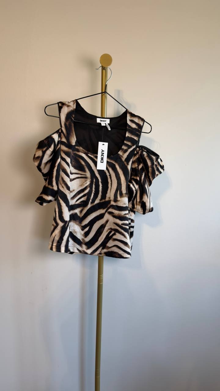 DKNY Printed Satin Puff-Sleeve Zipper Top Blurred Zebra S NWT $89