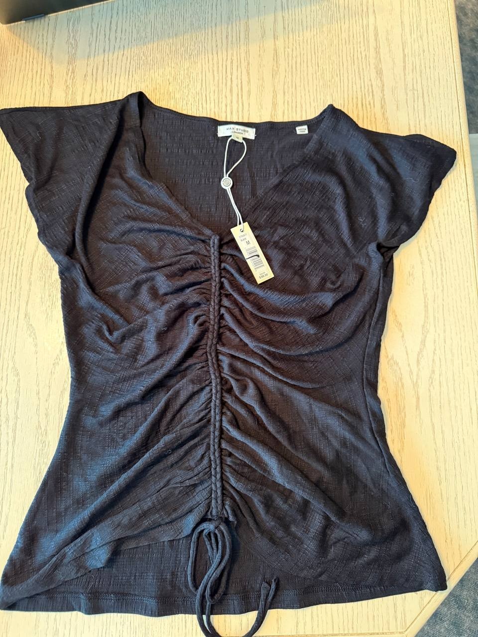 Max Studio Black Ruched Blouse - Long Sleeve Round Neck, Women's XL, NWT